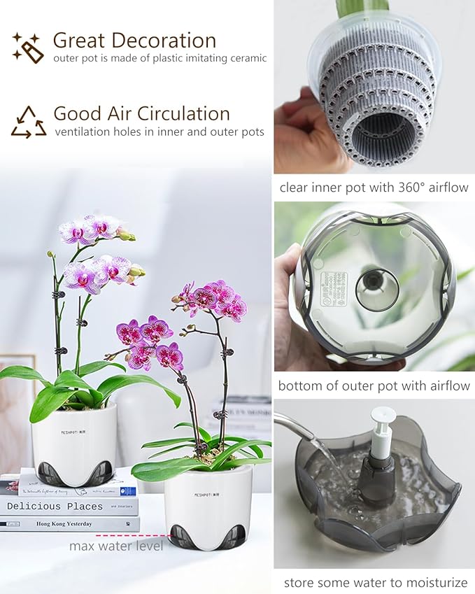 6 inch Orchid Pots with Holes for Repotting with Excellent Airflow, Set of 1, Double Layer Plastic Imitate Ceramic Orchid Planter, Clear Orchid Pot Match Decorative Orchid Container