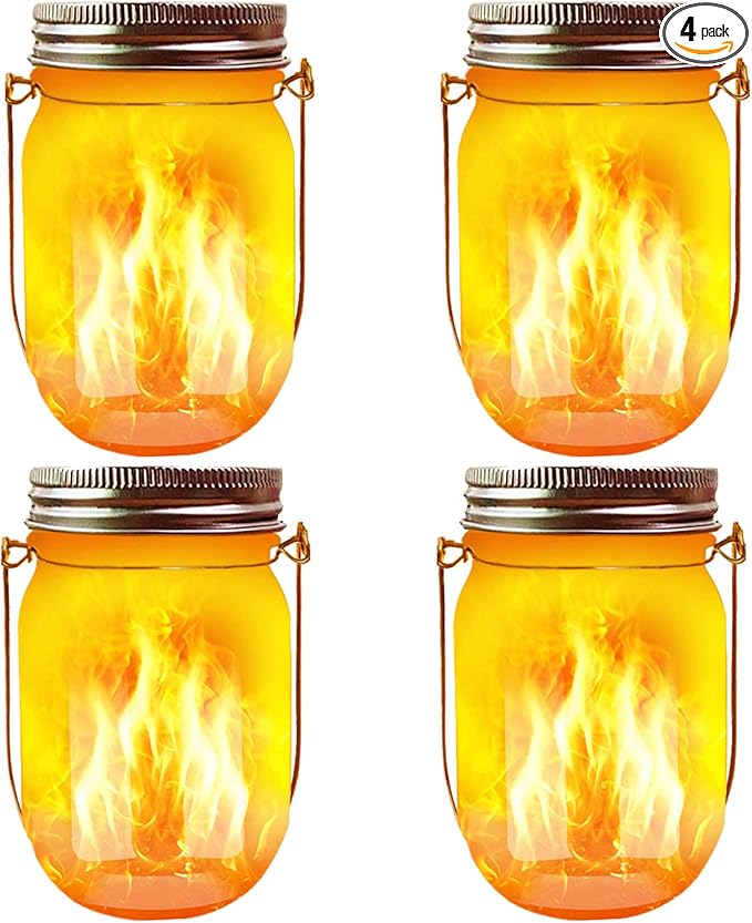 Solar Mason Jar Flicker Lights Upgraded, 4 Pack Flickering Torches Lights Outdoor Hanging Lanterns Landscape Decoration Lighting Dusk to Dawn Auto On/Off Security Halloween Torch Lights