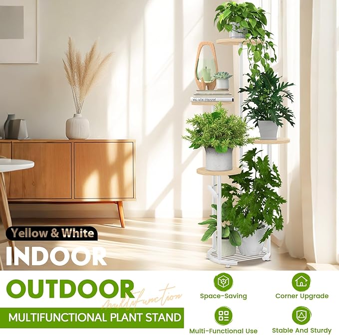 TOSKING 5 Tier Metal Plant Stand Indoor， Plant Shelf, Corner Shelf Flower Pot Stand for Outdoor Plant Stand for Living Room Balcony Garden Patio Bedroom (White and Wood, 42in)
