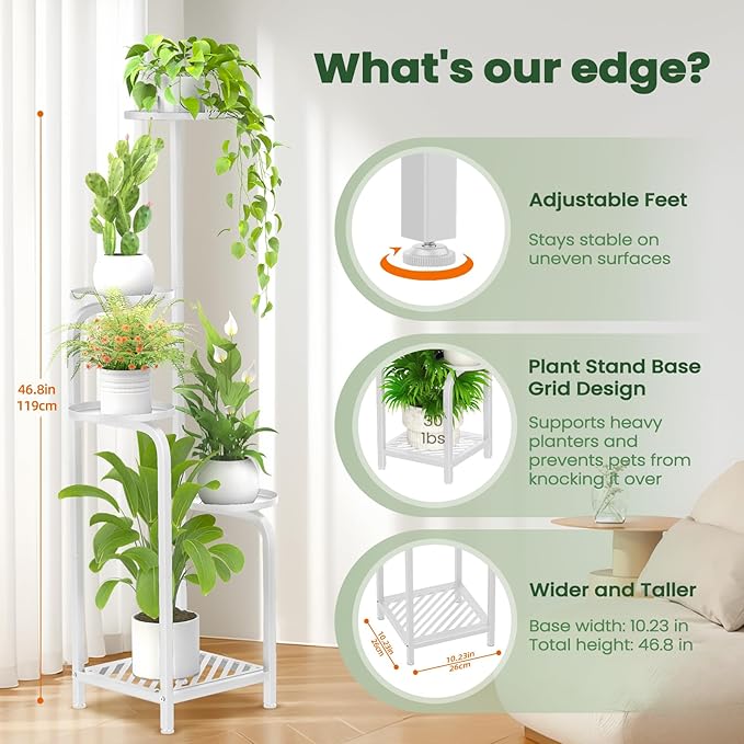 TOSKING 5 Tier Tall Plant Stand Indoor Outdoor, Heavy Duty Corner Shelf for Plants & Decor, Space Saving 3.9FT Metal Flower Pot Stand for Balcony, Garden, Living Room, Patio (White, 47in)