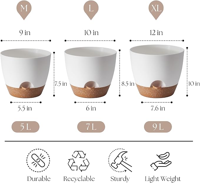 Plant Pots 12/10/9 inch Set of 3, Self Watering Flower Pots Indoor Outdoor, Planters with Drainage Hole Saucer Reservoir, White