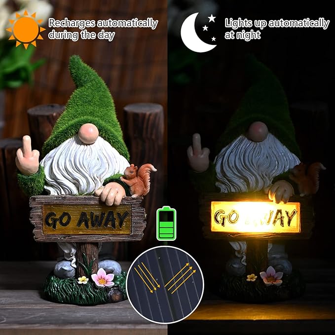 ASAWASA Gnomes Decorations for Yard with Solar LED Light,Large Outdoor Funny Garden Lawn Gnome Decor(Tall 10 Inches)