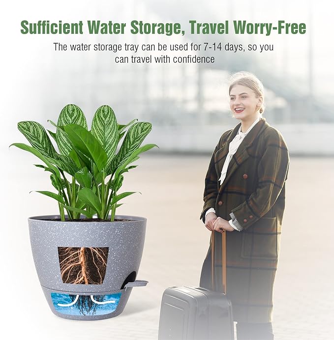 WOUSIWER 10 inch Self Watering Planters, 2 Pack Large Plastic Plant Pots with Deep Reservior and High Drainage Holes for Indoor Outdoor Plants and Flowers, Speckled Grey