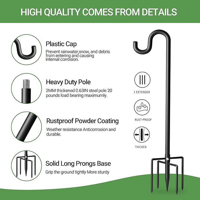92" Shepherds Hooks for Outdoor, Extra Thick Bird Feeder Pole with 5 Prong Base, Adjustable Shepards Hook for Garden, Weddings, Hanging Plant，2 Pack