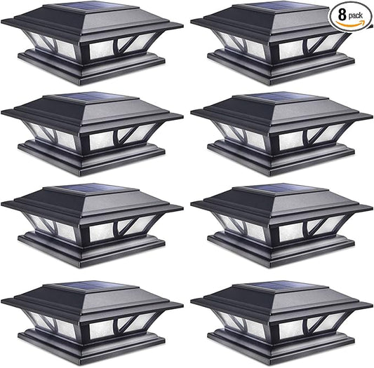 SIEDiNLAR Solar Post Lights Outdoor 2 Modes LED Deck Fence Cap Light for 4x4 5x5 6x6 Posts Patio Garden Decoration Warm White/Cool White Lighting Black (8 Pack)
