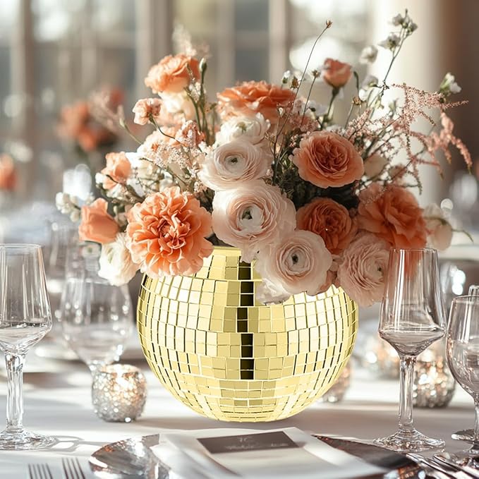 2 Pcs Disco Ball Vase,5 x 6 Inch Mirrored Disco Ball Planter,Disco Ball Candle Holders Perfect Disco Decorative Planters for Living Room Bedroom Table Wedding Party Birthday(Gold)