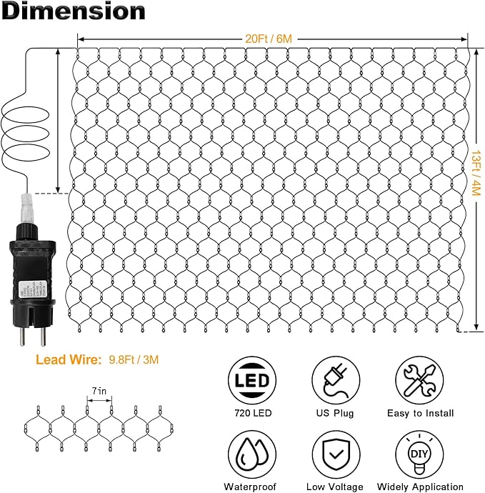 Echosari 720 LED Net Light 20ft x 13ft Large Size Bush Light Plug-in, IP68 Fully Waterproof Outdoor for Garden Backyard Wall Trees Party Holiday Decoration (Cool White)