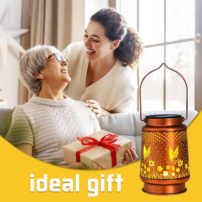 Mothers Day Gifts, 4 Packs Solar Lanterns Outdoor Hanging Lantern Lights, 4 Hummingbirds Hollowed-Out Metal Decor Lantern, Waterproof LED Decorative Garden Light Gifts