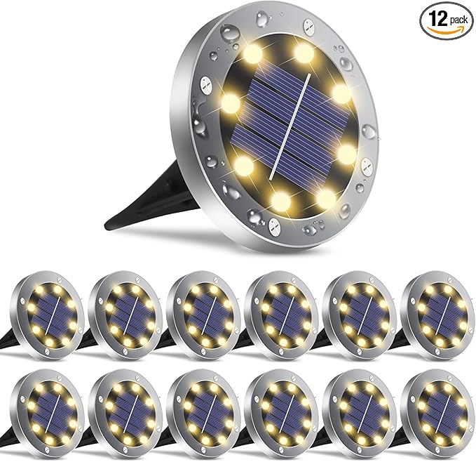 Solar Outdoor Lights 12 Packs, Waterproof Solar Pathway Lights Bright In-Ground Lights Lighting Decor for Garden, Lawn, Patio, Yard, Driveway, Step and Walkway Warm Light