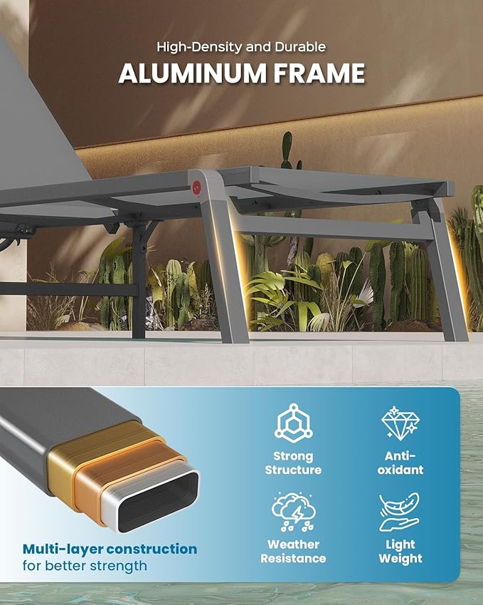 Pool Lounge Chairs Set of 3 (2 Chairs and 1 Side Table), Foldable Aluminum Chaise Lounge Outdoor with 5 Positions Recliner - Free Assembly - Patio Chaise Lounge Chair for Poolside, Yard