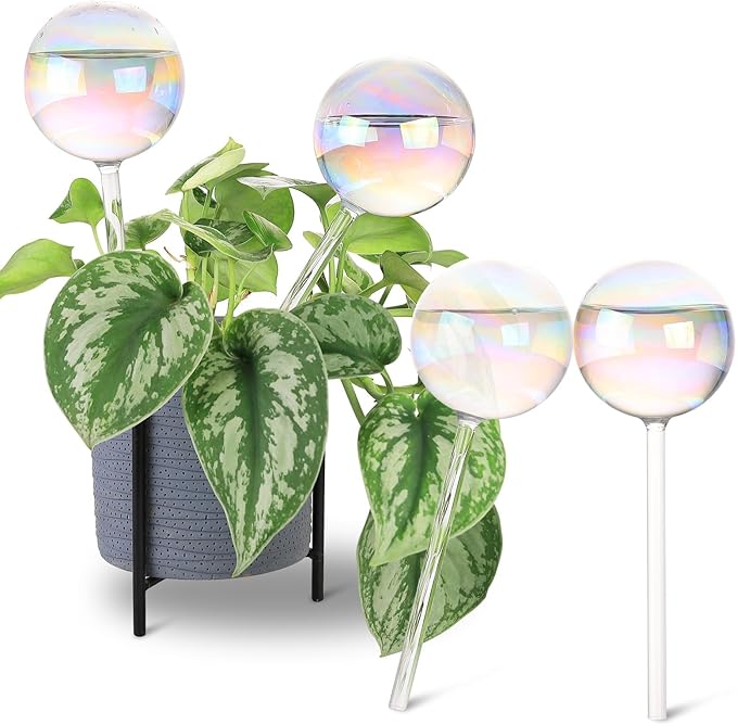 13 oz Up to 2 Weeks Extra Large Plant Self Watering Globes, Light Iridescent Glass Water Bulb Indoor Outdoor, Plant Waterer Self-Watering Stakes,Vacation Plant Thing for Plant Parents, 4 Pack