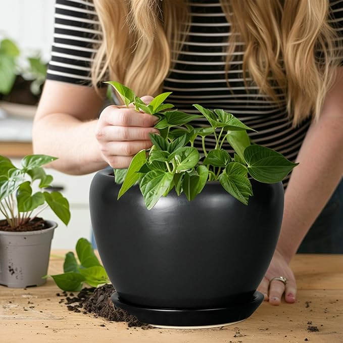 Ceramic Planter Pot - 8 Inch Plant Pot with Drainage Hole and Saucer Round Planter for Indoor Plants Modern Outdoor Flower Pot for House Balcony Black
