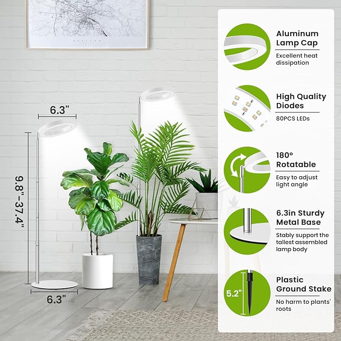 Grow Lights for Indoor Plants Full Spectrum, 80 LEDs Plant Light for Indoor Growing with 2 Mounting Options, 6H 12H 16H Timer, 3 Spectrum Modes, 37.4 in Height Adjustable Desk Grow Lamp