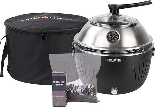 GrillTime Tailgater GT Hood Combo 13 Inch - Portable Charcoal Grill with Hood, Small Tabletop Grill for Tailgate Parties, Camping, Beach BBQ, Grey