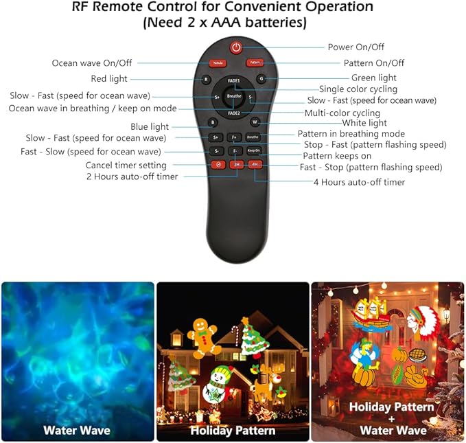 Slide Show Christmas LED Holiday Projector Outdoor, Waterproof 2-in-1 Ocean Wave Effect Christmas Projector Lights with 16 Slides Patterns & 10 Colors for House Garden Yard Xmas Decorations