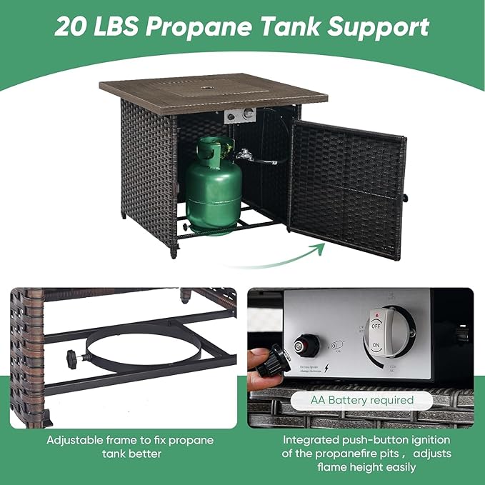 5 Pieces Patio Wicker Furniture Set - 4 Outdoor Swivel Rocker Glider Chairs with 50000BTU Propane Fire Pit Table, Warm Patio Conversation Set Red Cushion Perfect for Casual Gathering