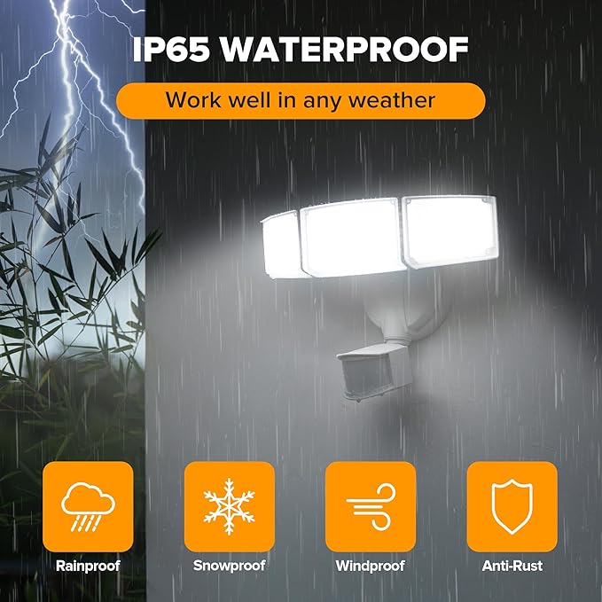 UME 2 Pack 5500LM LED Security Lights Motion Sensor Light Outdoor, 49W, 5000K Daylight, IP65 Waterproof, Dusk to Dawn, 3 Head Motion Detected Flood Light for Garage, Yard, Porch (White)