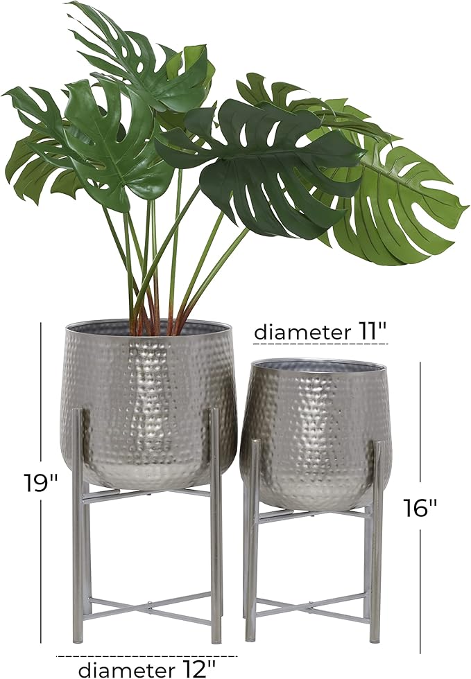 CosmoLiving by Cosmopolitan Metal Indoor Outdoor Planter Hammered Large Planter Pot with X-Shaped Stands, Set of 2 Planters 19", 16"H, Silver