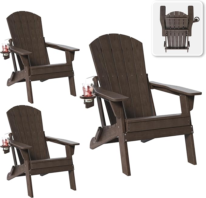 Folding Adirondack Chair Set of 3 with Cup Holder, HDPE All Weather Resistant Plastic Outdoor Patio Chairs, Heavy Duty Fire Pit Seating for Backyard Lawn Garden, Wooden Textured Design(Coffee)