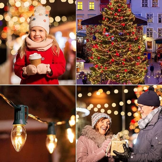 C7 Christmas Lights, 25Ft Outdoor Christmas String Lights with 27 Clear Warm White Incandescent Bulbs, Hanging Vintage Christmas Decorations Light for Roofline House Garden Patio Backyard Party Green