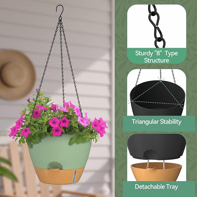 ZMTECH 12 Inch Hanging Planters for Indoor Outdoor Plants, 2 Pack Self Watering Hanging Plant Pots with Drainage Hole, Visual Reservoir, Plastic Flower Hanging Pots with Watering Lip (Green)