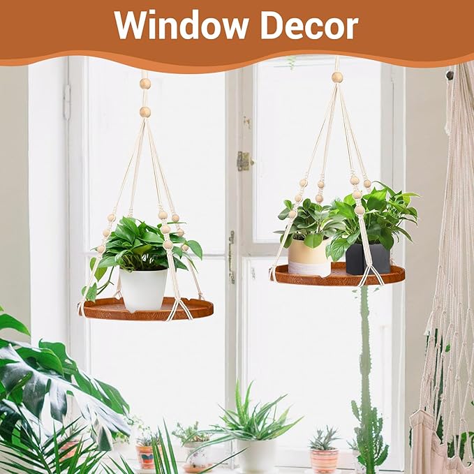 SUREAM Macrame Plant Shelf Hangers, Large Hanging Baskets for Plants with Flower CutOuts and Handmade Cotton, Indoor Outdoor Plant Hangers with Wood Tray for Garden Home Decor - No Plant/Pot Included