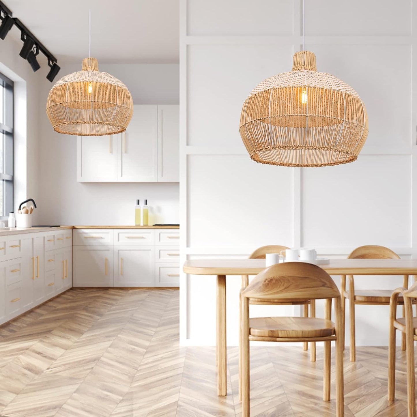 Arturesthome 1 Light White Rattan Pendant Light for Kitchen Island Sink,19.6" Wicker Chandelier, Handmade Woven Hanging Ceiling Light Lampshade