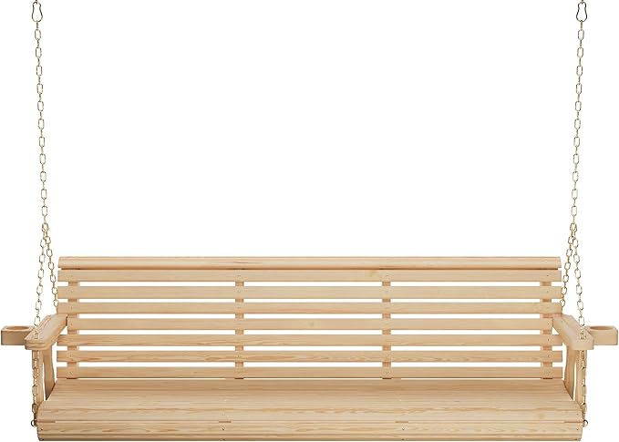 Amish Casual 6 Foot Roll Back Porch Swing with Cup Holders in Unfinished - Amish Made in The USA from Treated Pine Heavy Duty 700 Lb. Weight Capacity