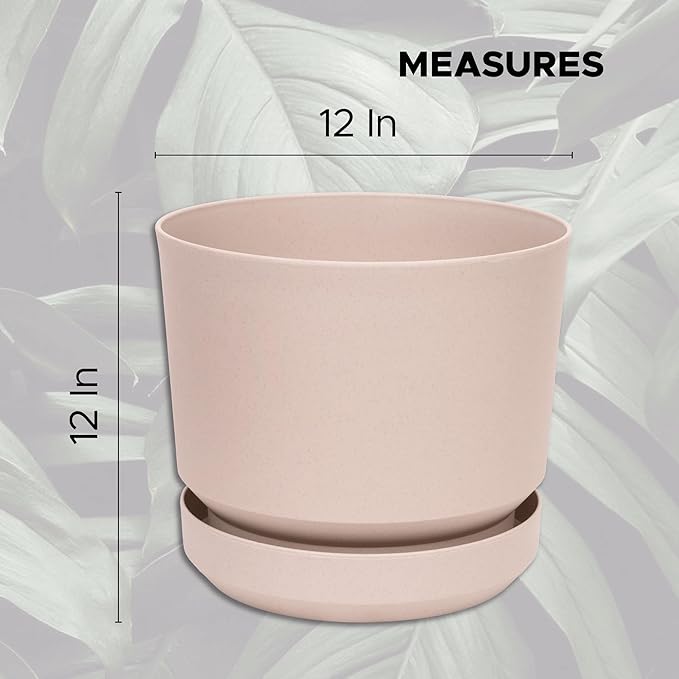Elly Décor 12 inch Plastic Cylinder Planter Pot with Self-Watering Saucer and Drainage Hole,Lightweight & Extremely Durable, 12"x 12", Ivory