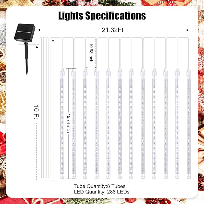 Solar Christmas Lights Outdoor Waterproof, Meteor Shower Lights Solar Powered, 16 Inches 8 Tube 288 LED Solar Icicle Tree Lights for Tree Bushes Holiday Parties Christmas Patio Decor, Pure White