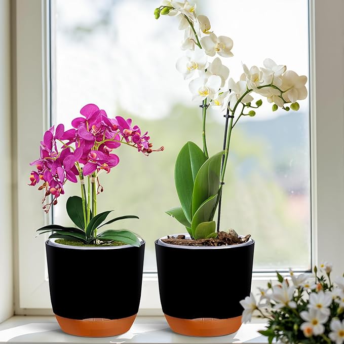 QCQHDU 2 Pack Orchid Pots with Holes for Repotting, Double-Layer and Self Watering Orchid Pot with Good Air Circulation