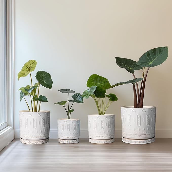 Ceramic Planter for Indoor Plants - 8 Inch Plant Pot Outdoor Flower Pot with Drainage Holes and Saucer Modern Round Planter Succulent Pot for Home Garden Decor White