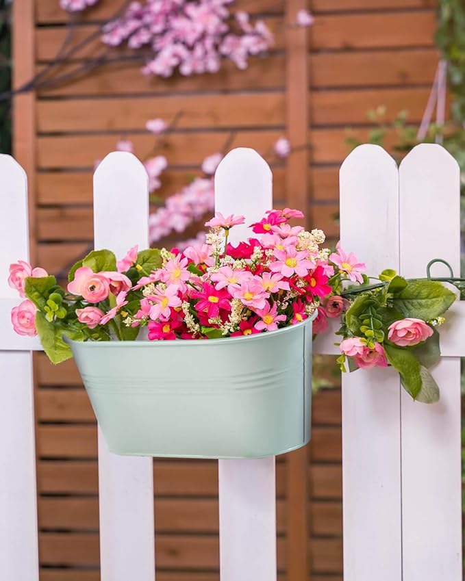 vensovo Metal Railing Planter for Outdoor Plants - 3 Pack Balcony Hanging Flower Pots with Detachable Hooks and Drain Holes Oval Bucket Rail Box Fence Planters for Home Garden Decor, Light Green