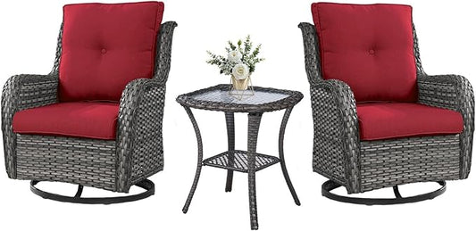 Outdoor Swivel Rocker Wicker Chairs Set of 3, High Back Swivel Patio Chairs Wicker Furniture Set, 2 PCS Rattan Swivel Rocking Chair with Side Table, Red Cushion