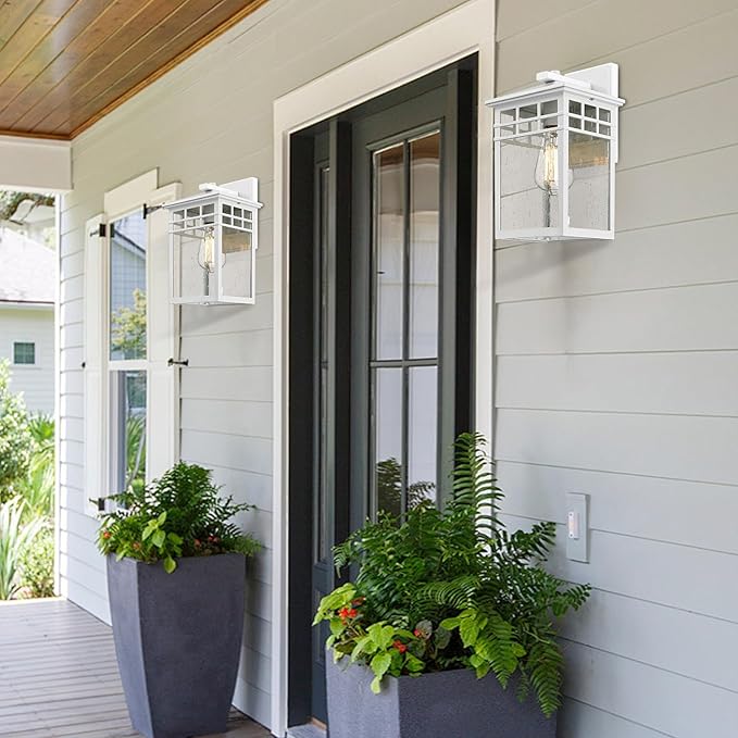 Outdoor Light Fixture Wall Mount, Rustic Exterior Lights Fixture Wall Sconces with Seeded Glass for Front Porch, Waterproof Outdoor Lantern in White Finish for Home, Garage, Barn, Storefront