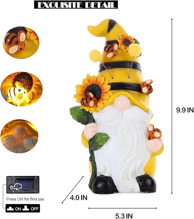 Garden Figurines Gnome Statue Decorations - Solar Resin Spring Bee Gnome Figurine Solar Garden Lights Outdoor Decorations Waterproof for Patio,Yard,Lawn,