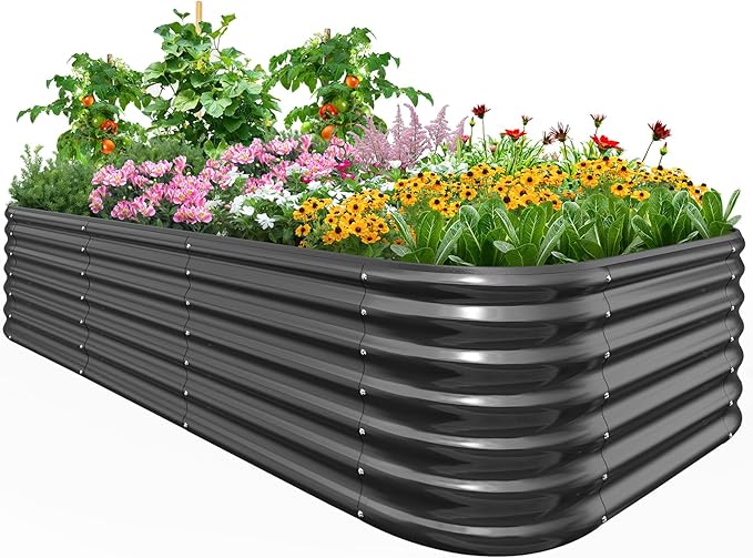 Quictent Galvanized Raised Garden Bed Kit, 8x4x2 ft Oval Metal Planter Box Tall for Vegetables Outdoor Backyard, Rubber Strip Edging Included (Dark Gray)