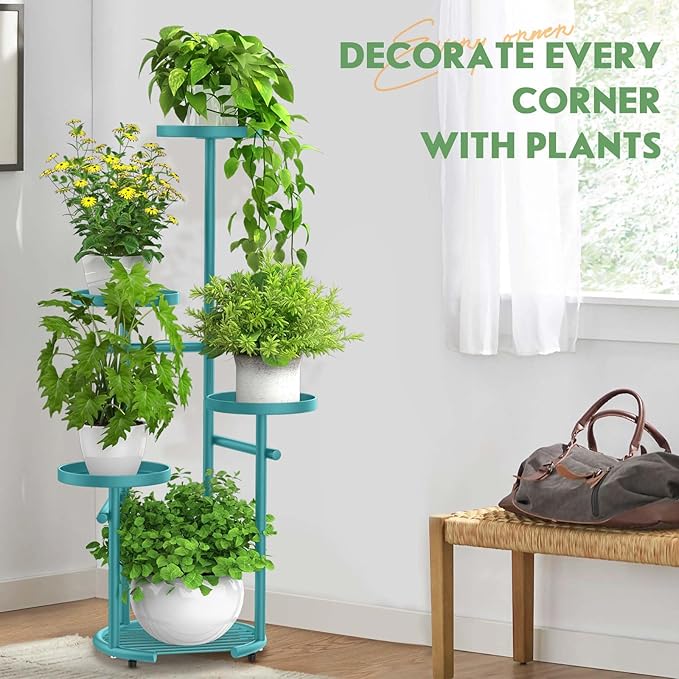 TOSKING 5 Tier Metal Plant Stand Indoor， Plant Shelf, Corner Shelf Flower Pot Stand for Outdoor Plant Stand for Living Room Balcony Garden Patio Bedroom (Blue, 38in)