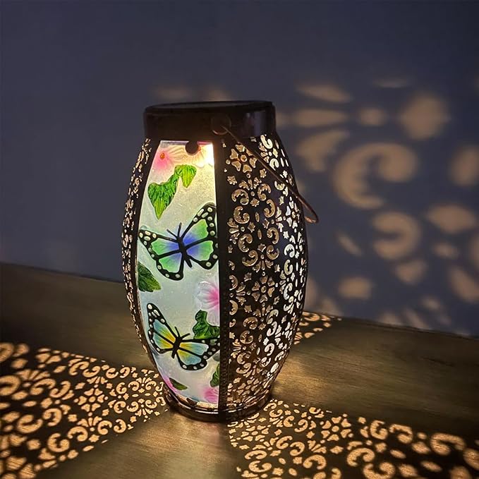 Butterfly Solar Lanterns Glass & Metal Hanging Lantern Outdoor Waterproof 16" H Tabletop Light with Hollowed-Out Design for Garden Patio Table Decor Mother's Day Gift