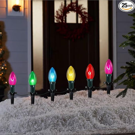 C9 Christmas Pathway String Lights Outdoor, 38Ft 25 Multicolor Marker Stakes, Yard Decorations for Walkway Lawn Sidewalk Driveway Holiday Christmas Decor