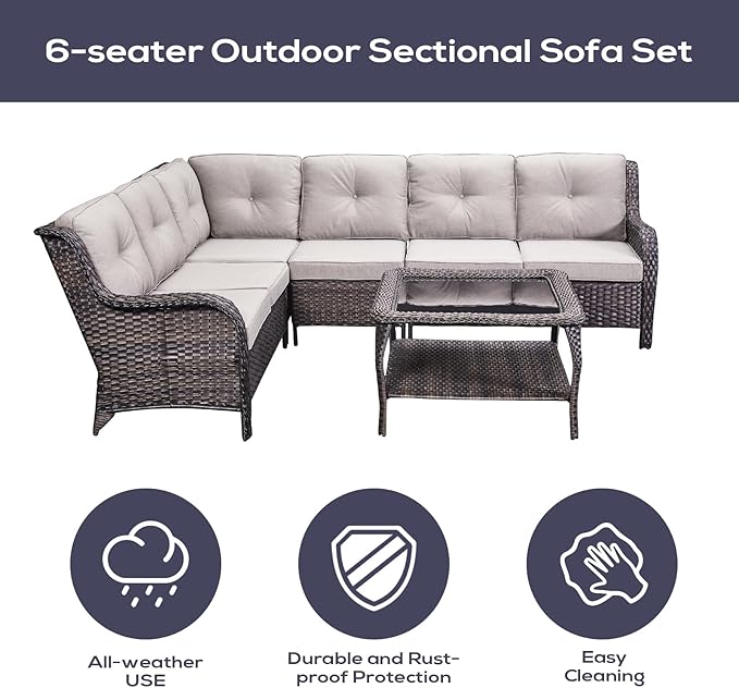 Outdoor Furniture Sectional Sofa L Shaped Couch - Patio Wicker Set with Coffee Table, 3 Piece Rattan Patio Conversation Sets with Beige Cushion for Deck Backyard Sunroom