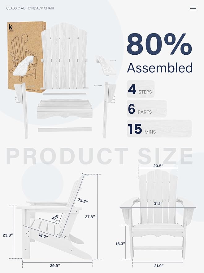 KINGYES HDPE Adirondack Chair Set of 2, Classic All-Weather Outdoor Patio Adirondack Chair, White