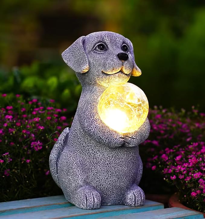 Solar Dog Garden Statues - 8.4 "Dog Decor with Gazing Ball Solar LED Lights, Unique Gifts for Mom Grandma Birthdays & Dog Lovers, Outdoor Decor for Outside Lawn Porch Patio (Gray)