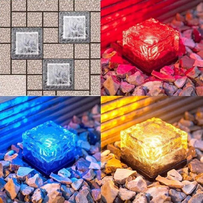 Solar Glass Brick Light - Crystal Brick Stone - Garden Solar Ice Cube Charming Glass Brick Lights Colour Change LED Garden Courtyard Pathway Patio Pool Outdoor Decoration Christmas(RGB 4PCS)
