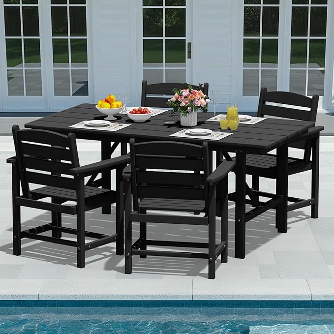 Patio Dining Set for 4 with Umbrella Hole - 66" Outdoor Table & 4 Chairs, All-Weather HDPE Outdoor Furniture for Lawn, Garden, Backyard, Poolside, Black