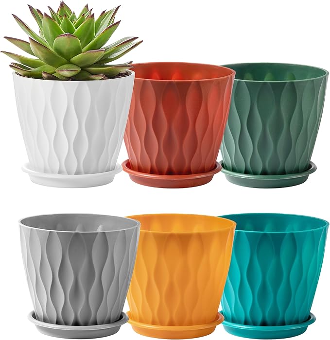 FaithLand 6-Pack 6-Inch Plastic Plant Pots with Saucers | Thickened PP Material, Modern Wave Texture, Enhanced Drainage for Indoor/Outdoor Garden Plants | Multicolor Value Set