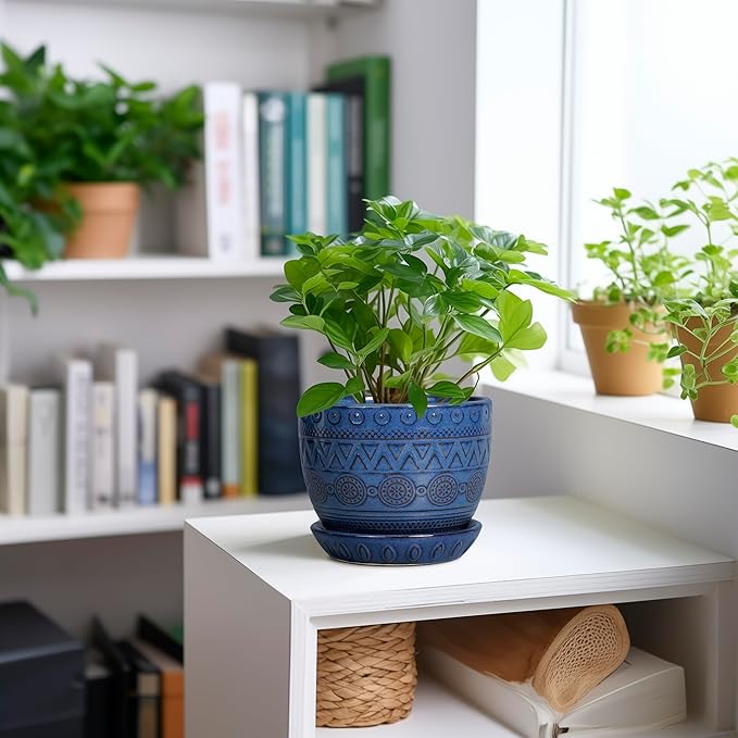 G EPGardening Pot for Plants 5 Inch - Ceramic Planter for Indoor Plants Outdoor, Succulent Pot with Drainage Hole and Saucer, Modern Home Garden Decor, Blue