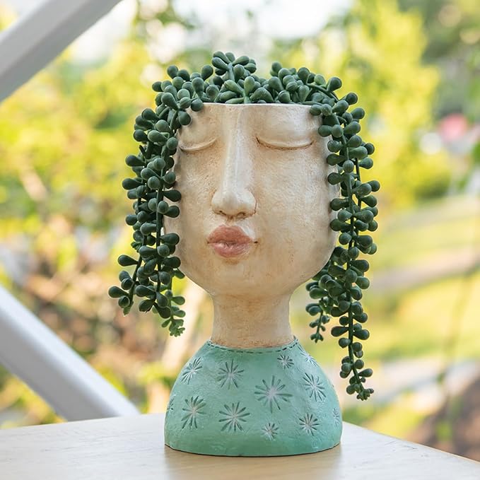 DiliComing Head Planter Face Planter Pots - 8 Inch Indoor Flower Planter Outdoor Planter Succulent Pot Girl Resin Planter with Drainage Hole Planters for Indoor Plants