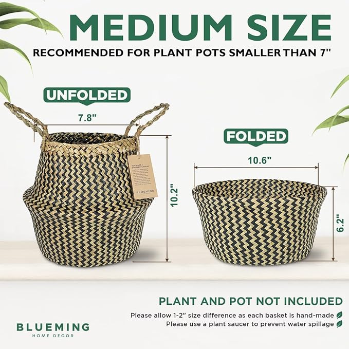 Olive Tree Basket – Small Seagrass Plant Pot for Tall Indoor Artificial Trees, Woven Planter 8-9 Inches, Wicker Baskets for Decorative Storage (Black, Medium)
