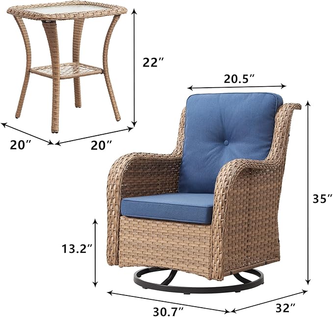 Outdoor Patio Swivel Rocker Chairs - 3 Piece Patio Bistro Set,Wicker Patio Furniture Set with 2 Swivel Rocking Chairs and 1 Glass Top Side Table for Deck Porch Garden,Yellow/Blue